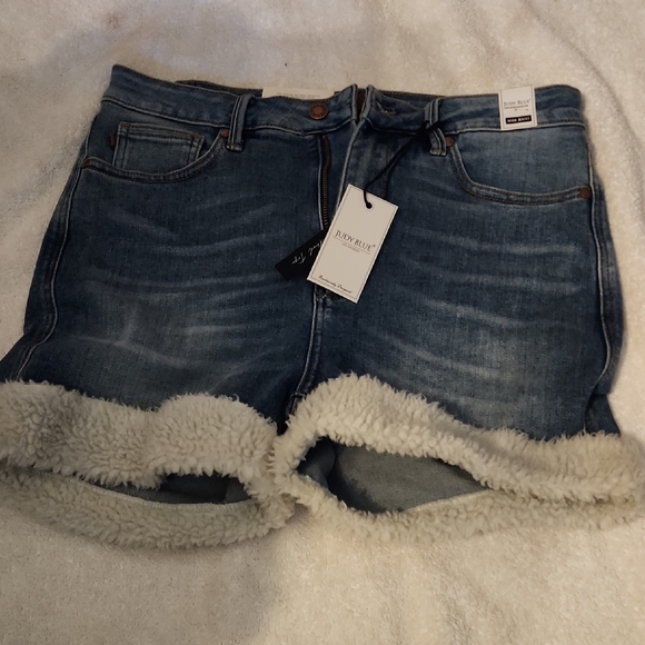 Judy Blue Pants - Judy Blue Blue and White Jean Shorts with Sherpa Trim